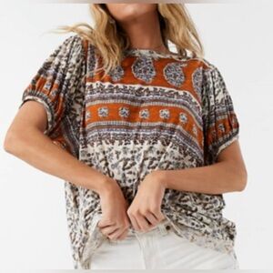FREE PEOPLE Paisley Puff Sleeve Swing Top Boho Oversized size L